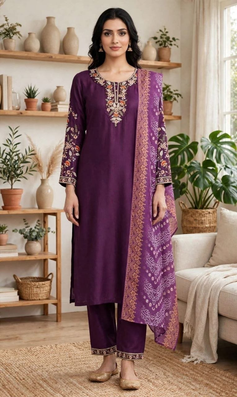 Vf 54 Rayon Slub With Embroidery Work Kurti With Bottom Dupatta